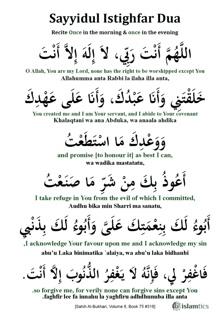 Sayyidul Istighfar Dua Arabic Meaning Hadith Bukhari 6306 Islamtics
