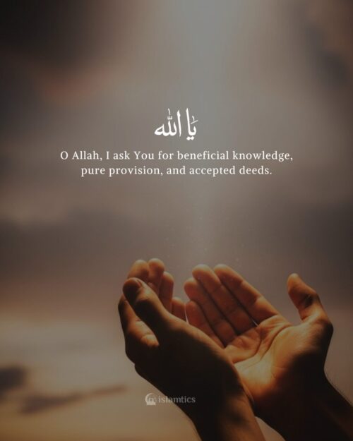 O Allah, I ask You for beneficial knowledge, pure provision, and accepted deeds.