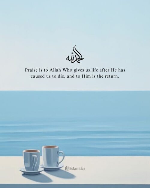 Praise is to Allah Who gives us life after He has caused us to die, and to Him is the return.